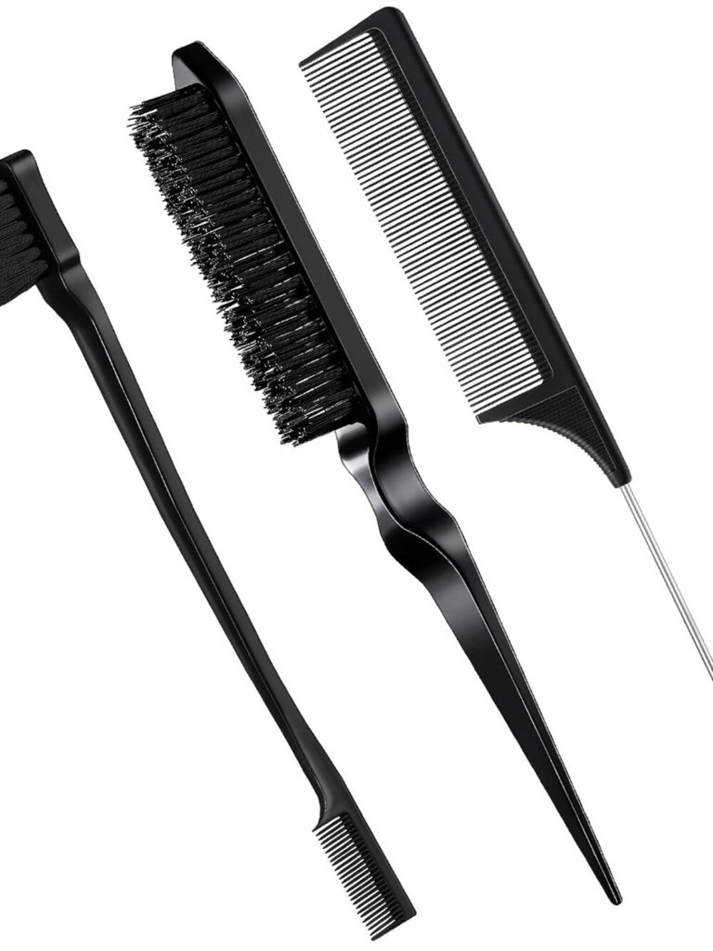 3 Pcs Slick Back Hair Brush Set Bristle Brush, Black